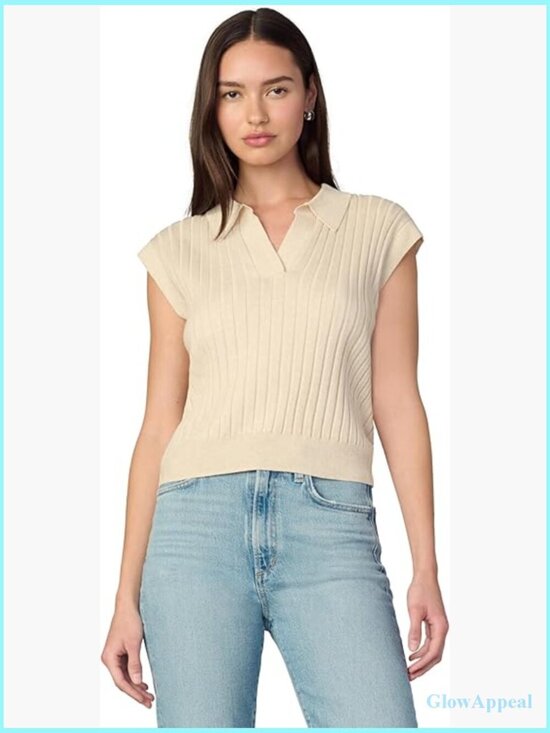 Sweaters - Popover Sweater Vest, Rib Knit, Polo Collar, Fitted, Pull On, Cap Sleeve